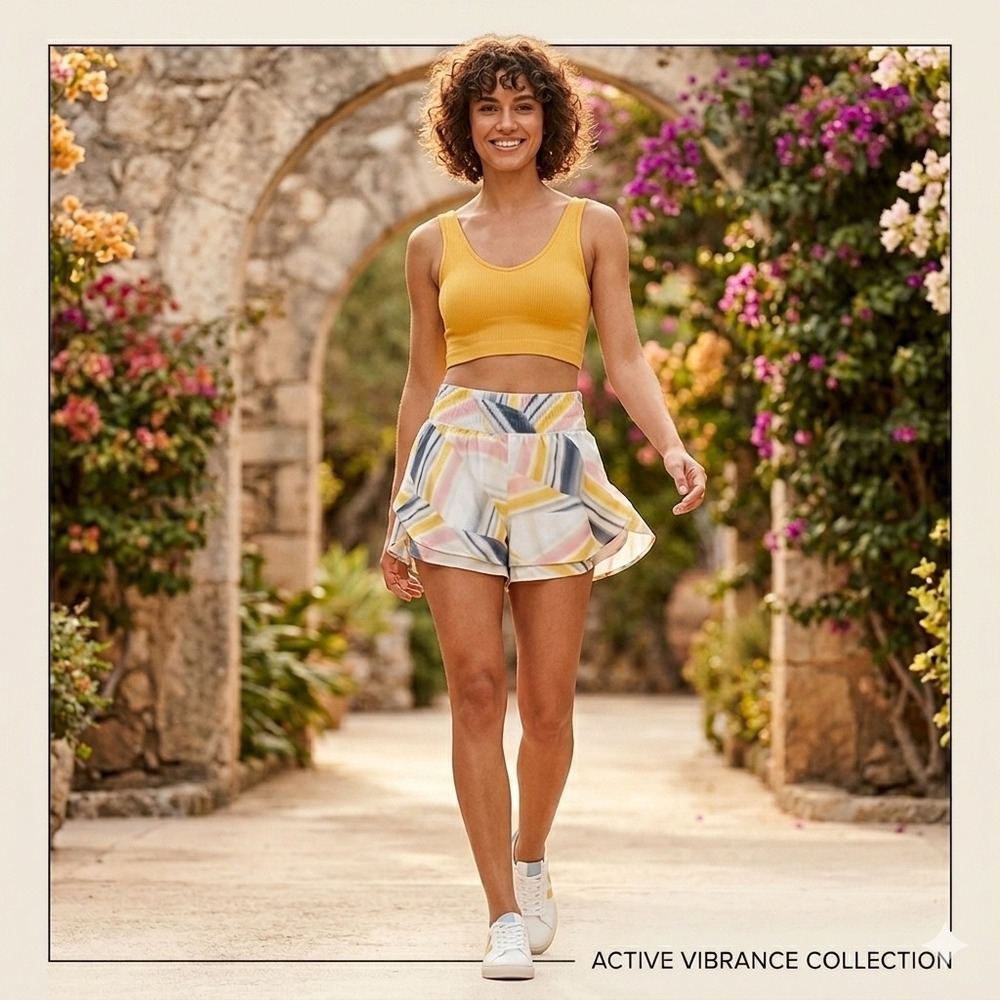 CALIA Active Vibrance Geometric Print Smocked Waist Athletic Shorts Women Large